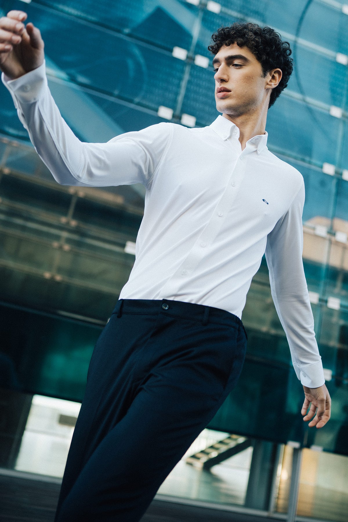 WHITE REGULAR FIT BI-STRETCH FAUX SOLID SHIRT