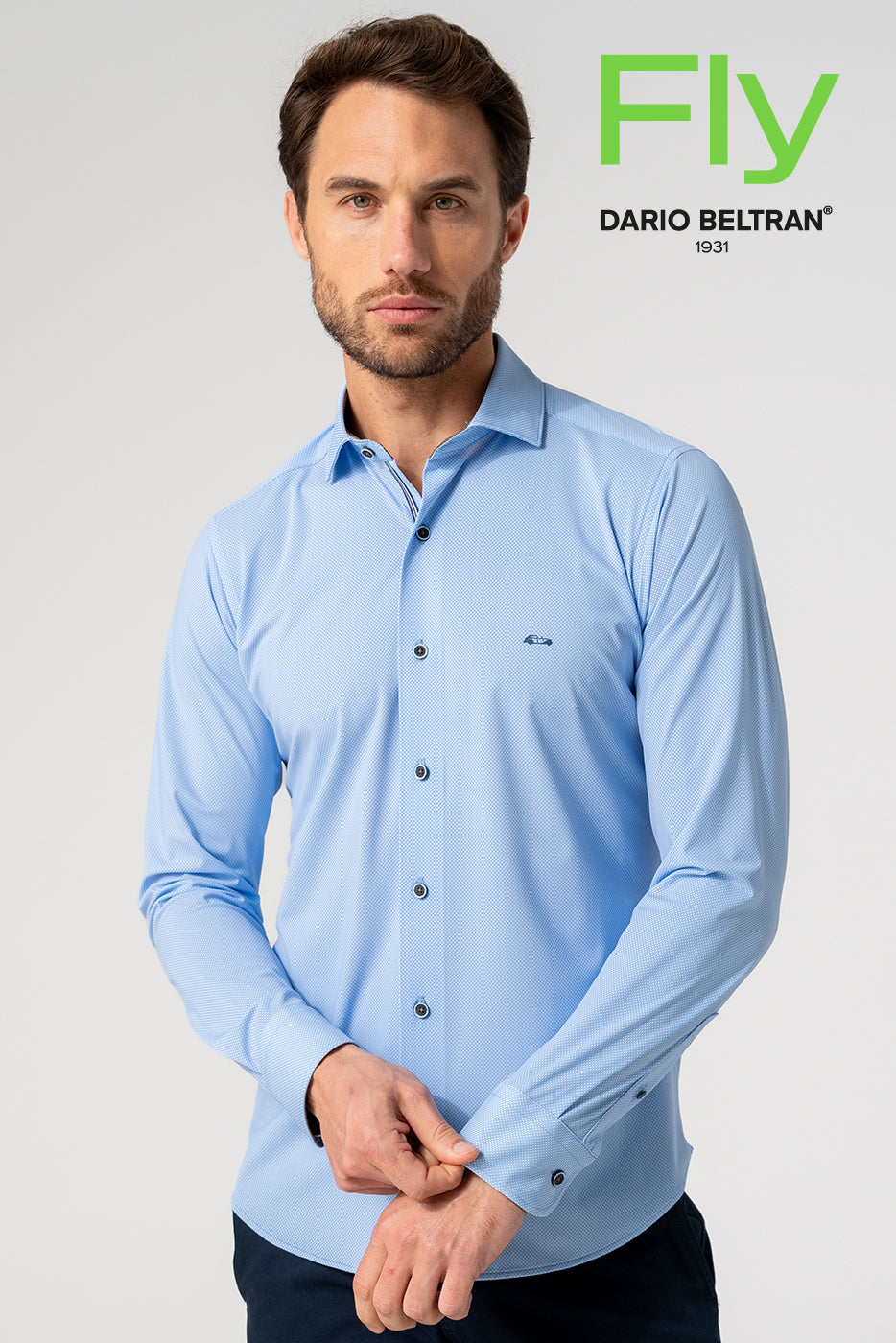 Camisa bielástica microestampado rombos celeste