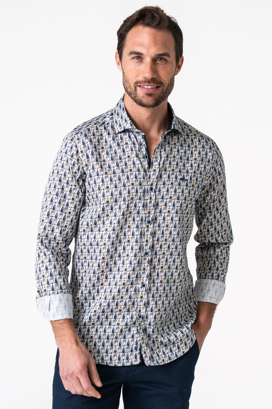 Camisa hombre estampado botellas de champagne
