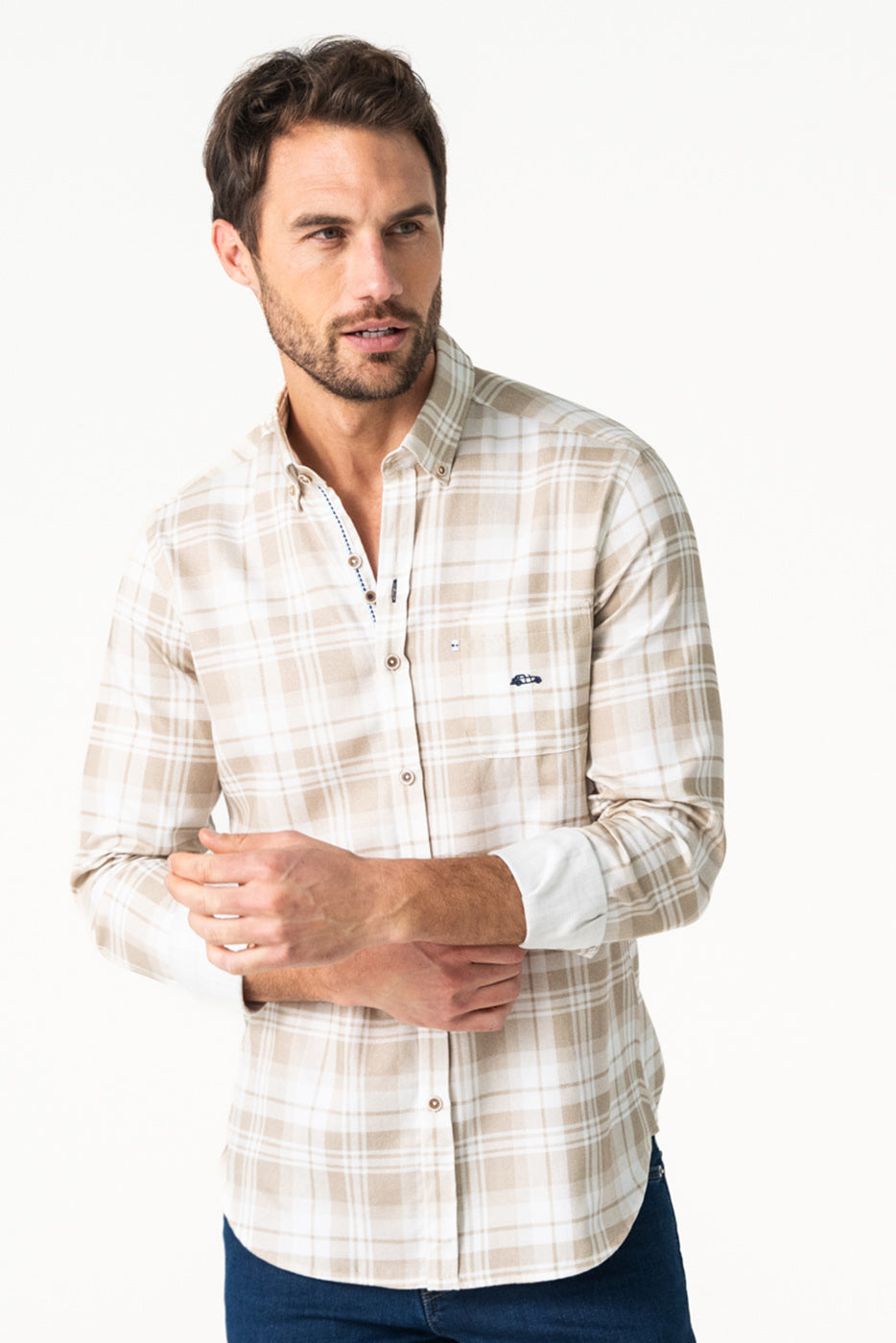 Camisa cuadro beige hombre con bolsillo