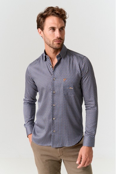 CAMISA HOMBRE ALGODÓN GEO BEIGE AZUL