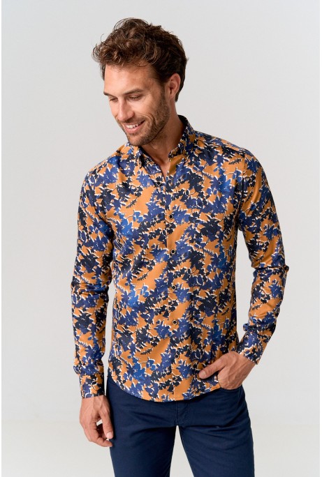 CAMISA SLIM FIT MOSTADA ESTAMPADO FLORES MARINO