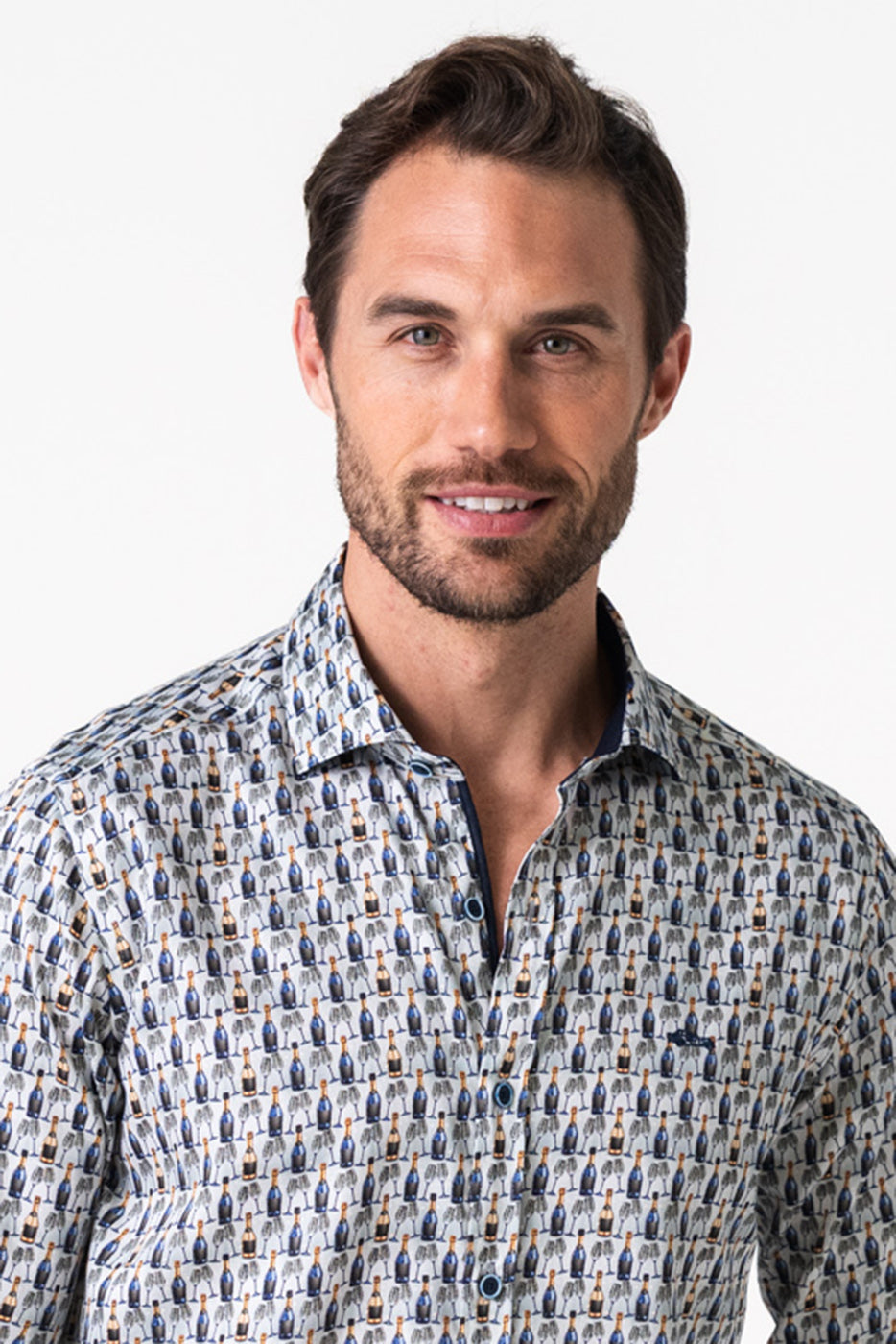 Camisa hombre estampado botellas de champagne