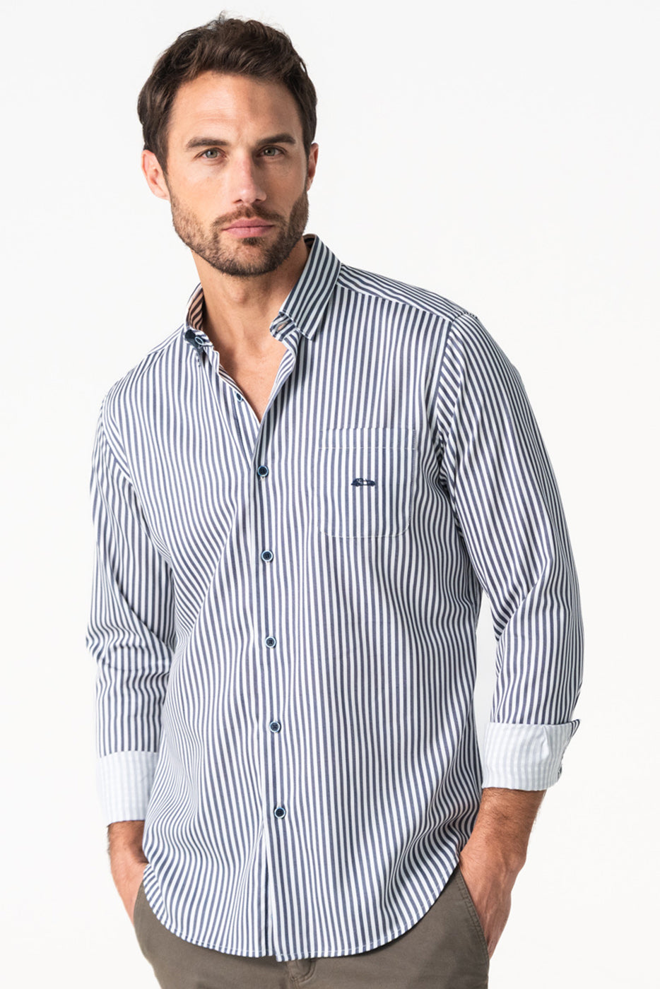Camisa hombre con bolsillo raya marino