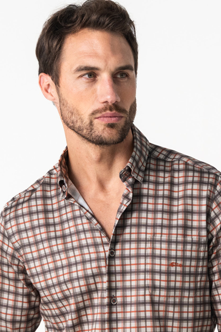 Camisa hombre cuadro marrón con bolsillo