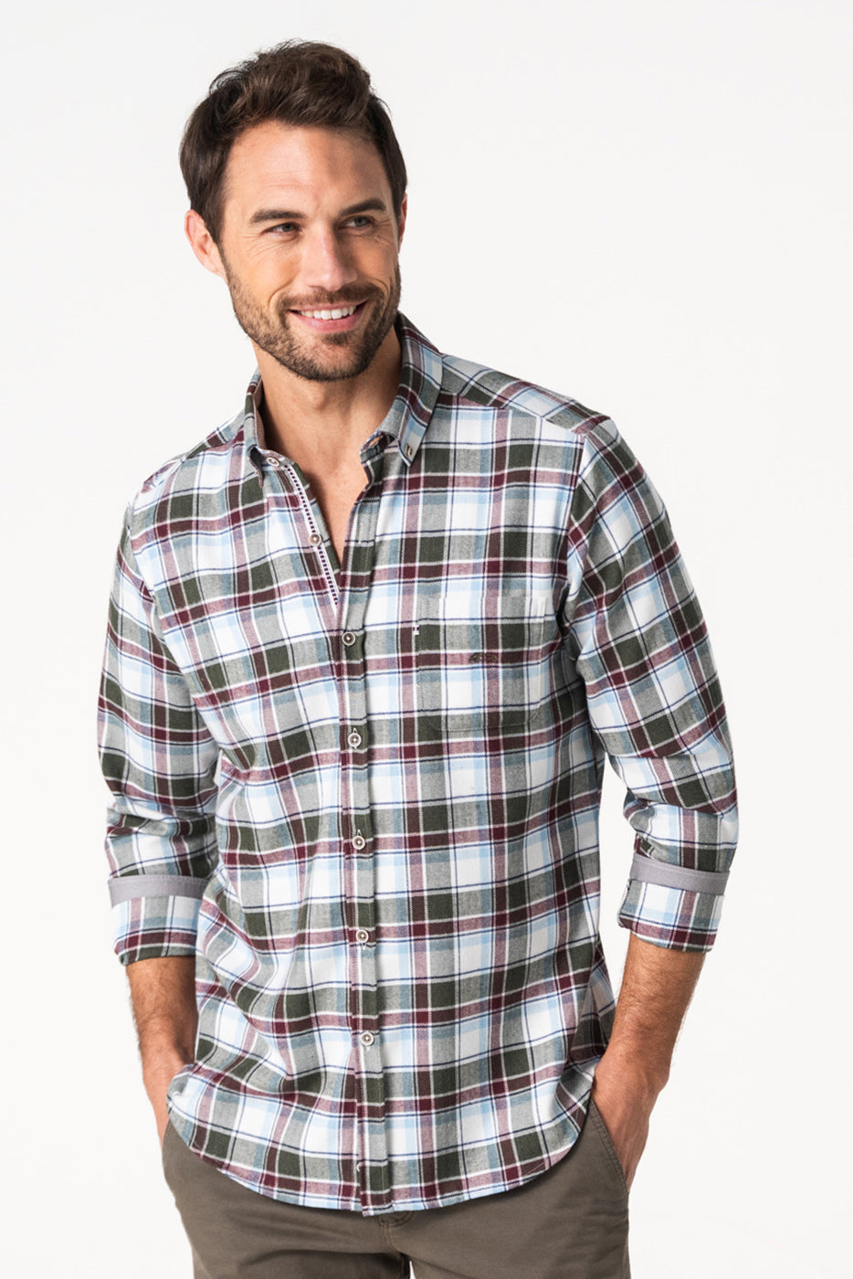 Camisa con bolsillo hombre cuadro verde y granate